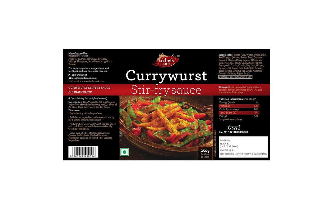 As Chefs Cook Currywurst Stir-Fry Sauce   Glass Jar  250 grams